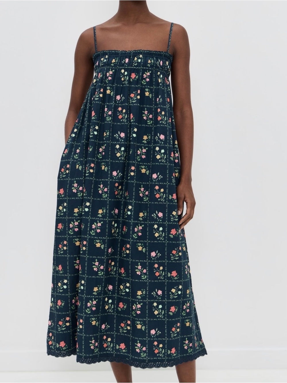 Smocked Navy Floral Maxi Dress with Spaghetti Straps